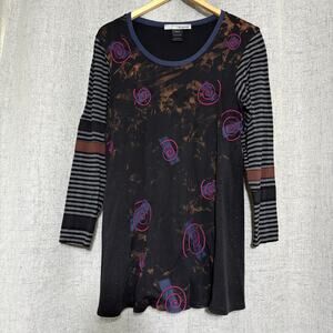 r. Browning Shirt Women Small Black 100% Pima Cotton Lagenlook Tie Die Patchwork